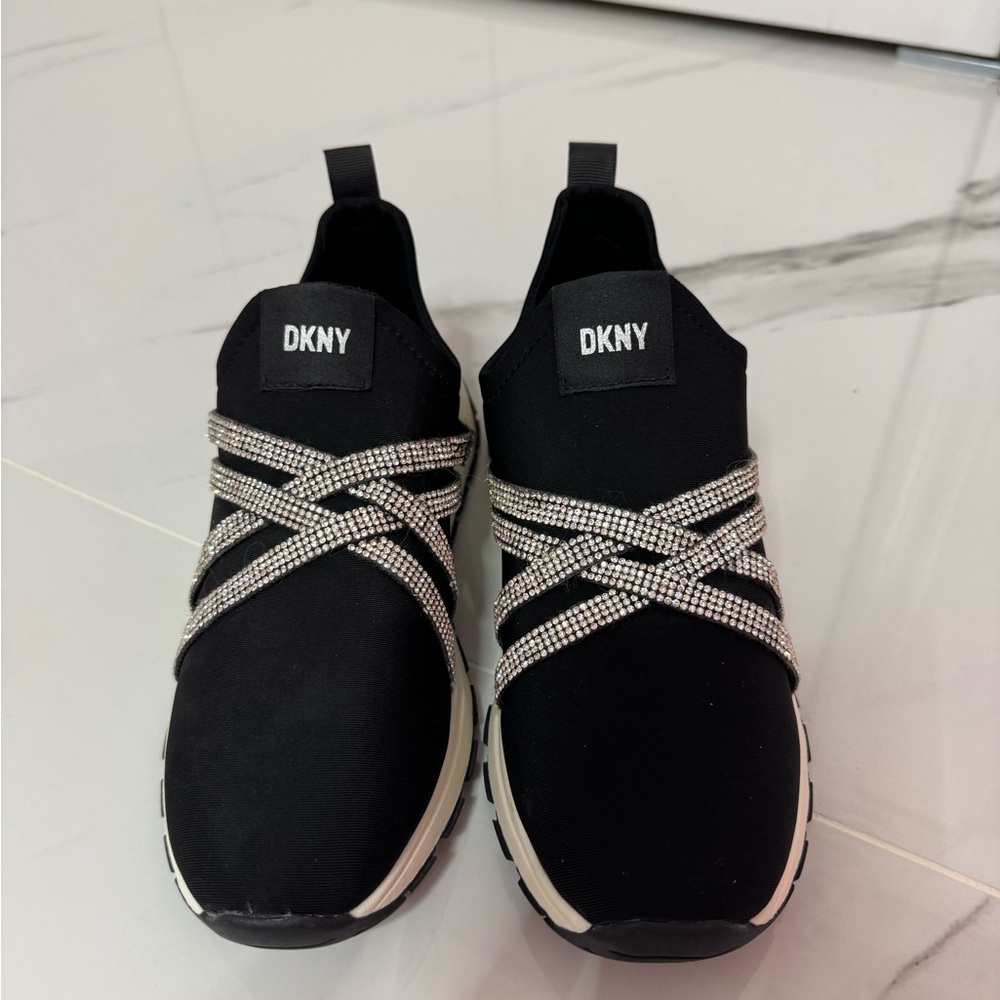 DKNY Black Slip-On Sneakers with Crystal Cross-Strap Detail